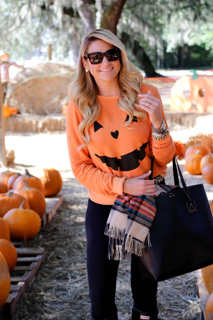 Wildfox Pumpkin Sweatshirt. What to wear to the pumpkin patch. Black Hunter Boots. October Plaid Scarf._-13