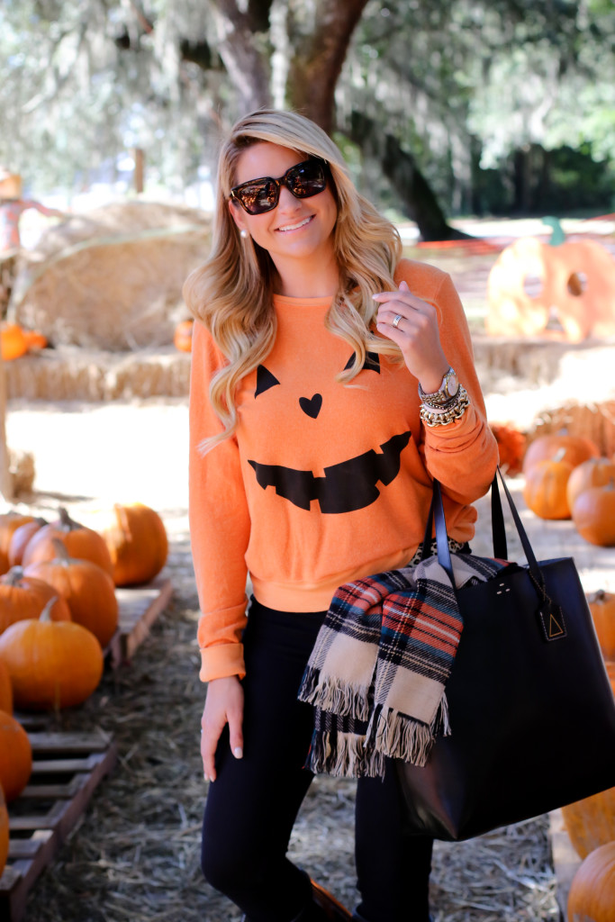 Wildfox Pumpkin Sweatshirt. What to wear to the pumpkin patch. Black Hunter Boots. October Plaid Scarf._-14