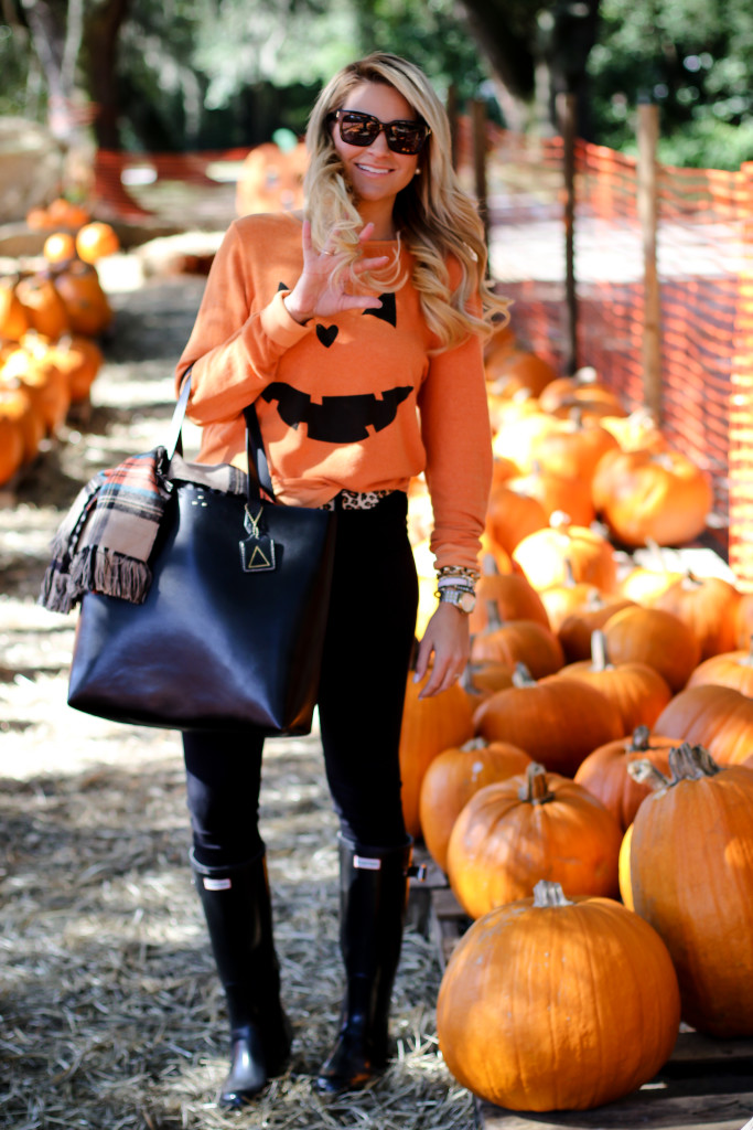 Wildfox Pumpkin Sweatshirt. What to wear to the pumpkin patch. Black Hunter Boots. October Plaid Scarf._-3