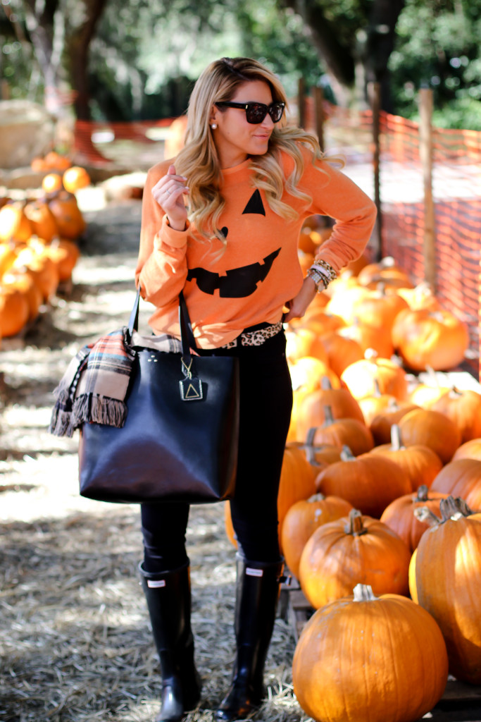 Wildfox Pumpkin Sweatshirt. What to wear to the pumpkin patch. Black Hunter Boots. October Plaid Scarf._-4