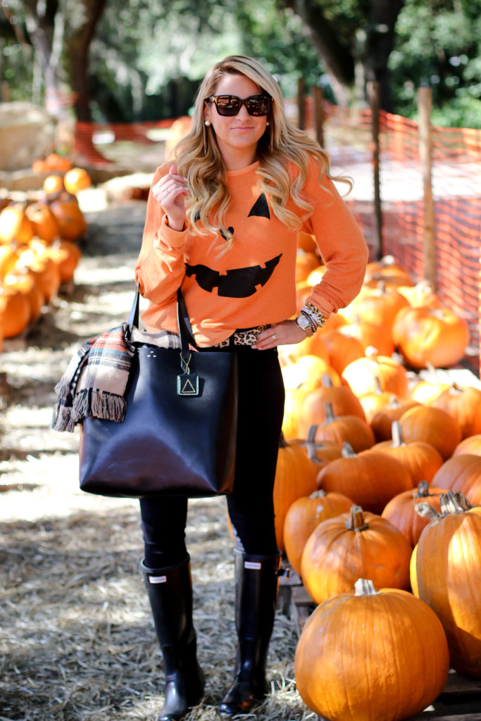Wildfox Pumpkin Sweatshirt. What to wear to the pumpkin patch. Black Hunter Boots. October Plaid Scarf._-5