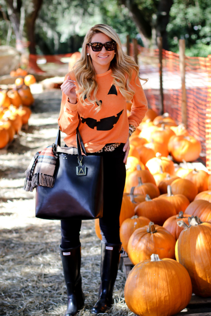 Wildfox Pumpkin Sweatshirt. What to wear to the pumpkin patch. Black Hunter Boots. October Plaid Scarf._-6