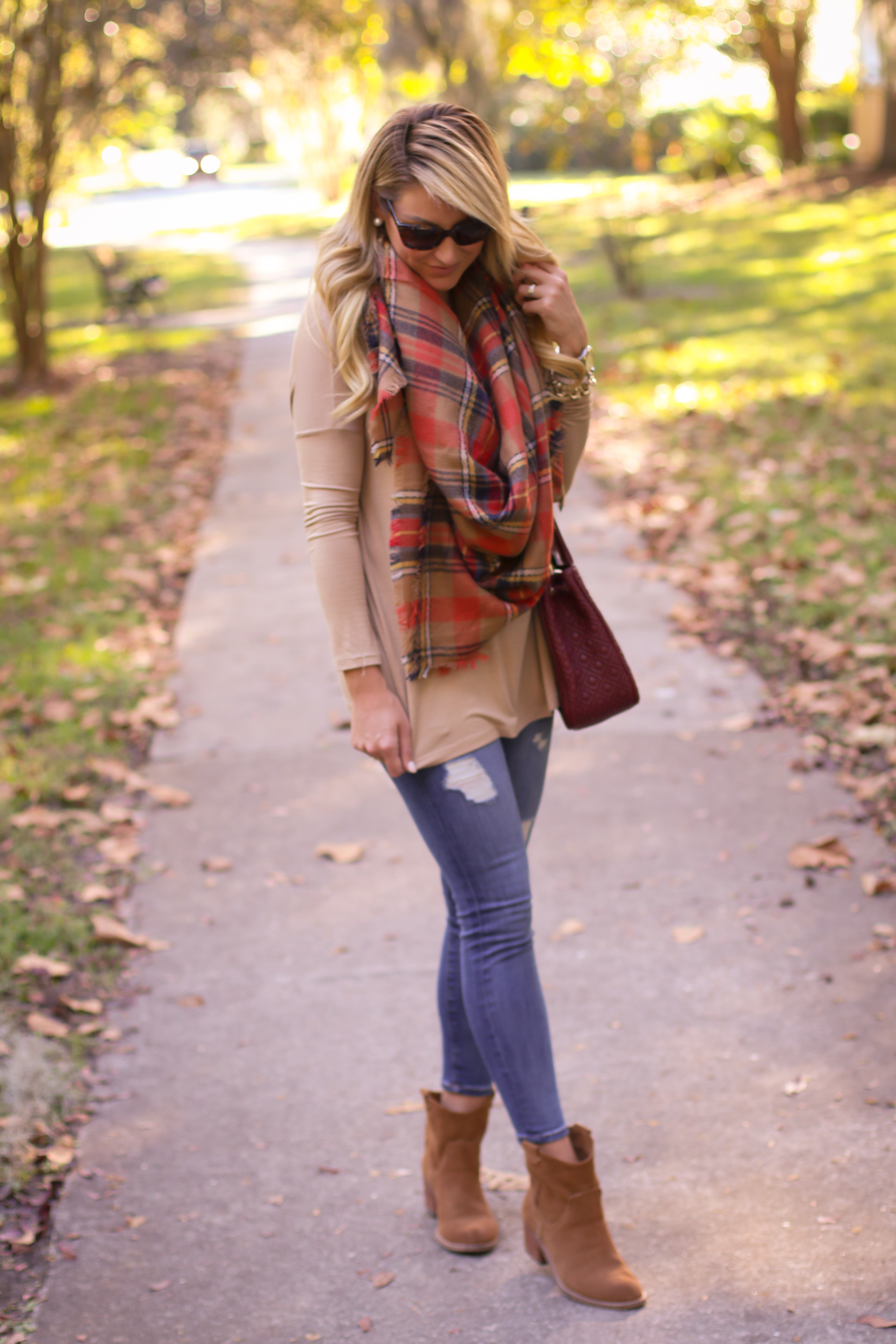 plaid scarf with booties outfit, Frye Jenny cut stud short booties, Louis  Vuitton vintage Passy bag, blanket scarf outfit - Meagan's Moda