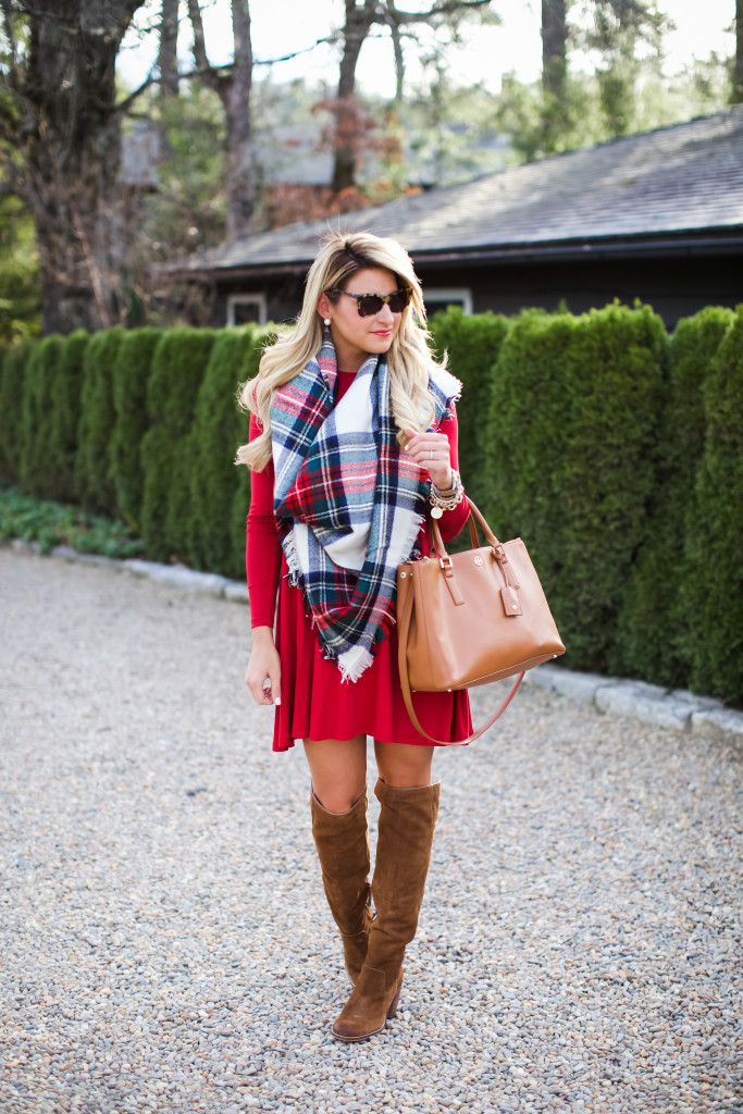 Christmas Outfit Idea Christmas Plaid Scarf with Over the Knee Boots_-2