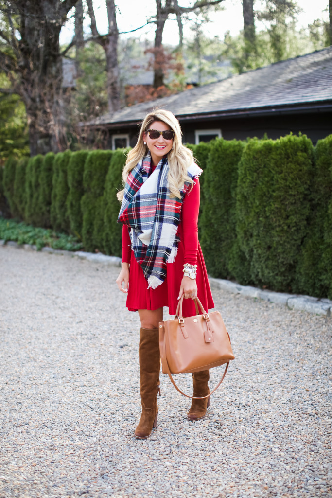 Christmas Outfit Idea Christmas Plaid Scarf with Over the Knee Boots_-3