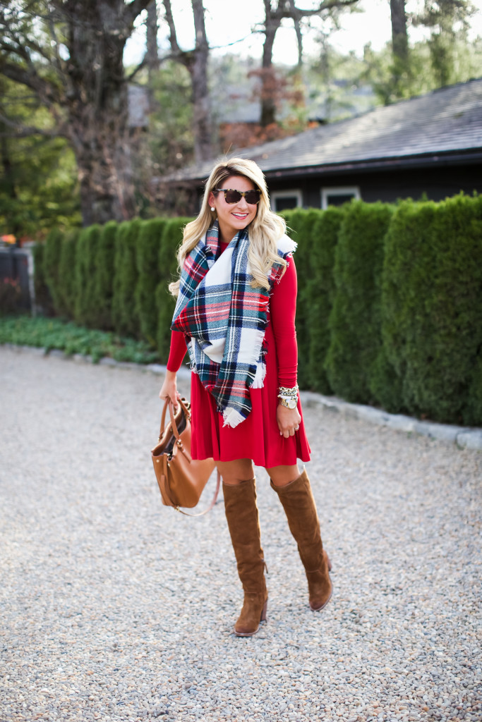 Christmas Outfit Idea Christmas Plaid Scarf with Over the Knee Boots_-4