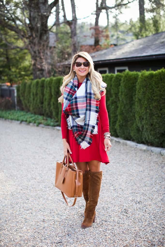 Christmas Outfit Idea Christmas Plaid Scarf with Over the Knee Boots_-5