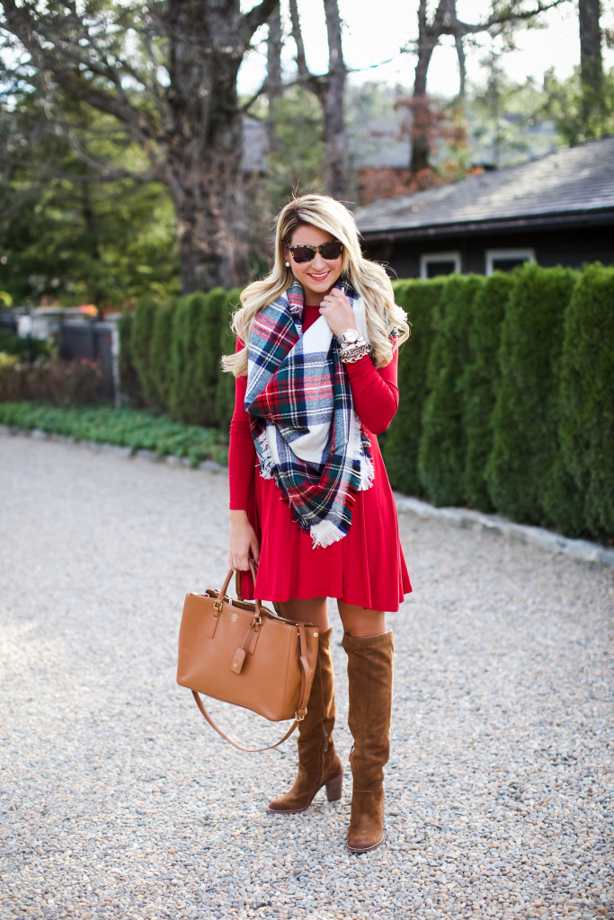 Christmas Outfit Idea Christmas Plaid Scarf with Over the Knee Boots_-6