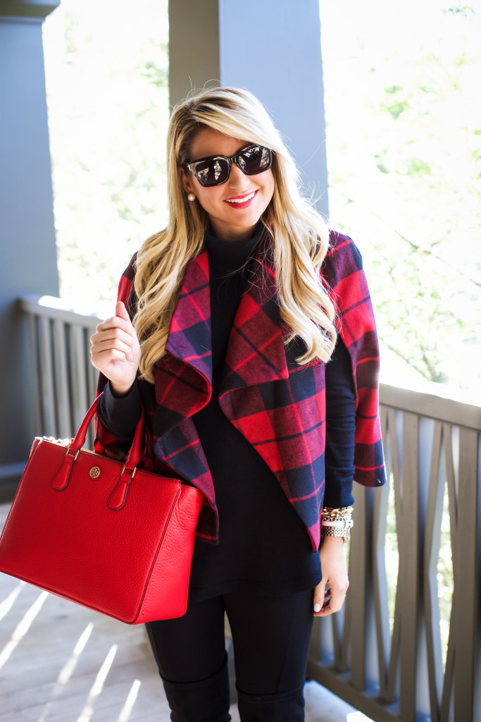 Christmas Outfit Idea Red Buffalo Plaid Jacket Over the Knee Boots_-11
