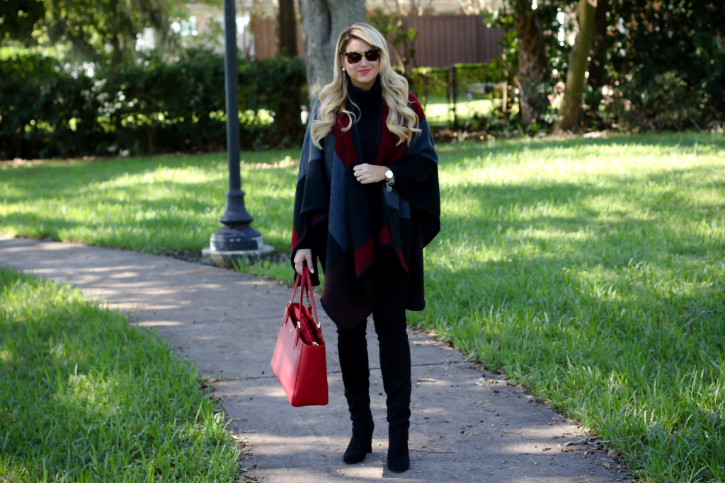 Christmas Outfit Idea Red Buffalo Plaid Jacket Over the Knee Boots_-12