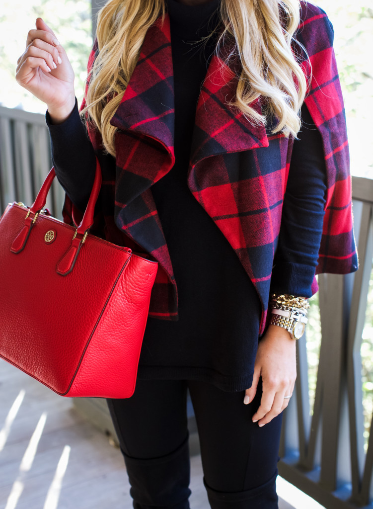 Christmas Outfit Idea Red Buffalo Plaid Jacket Over the Knee Boots_-12