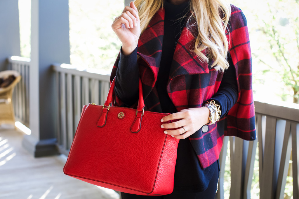 Christmas Outfit Idea Red Buffalo Plaid Jacket Over the Knee Boots_-14