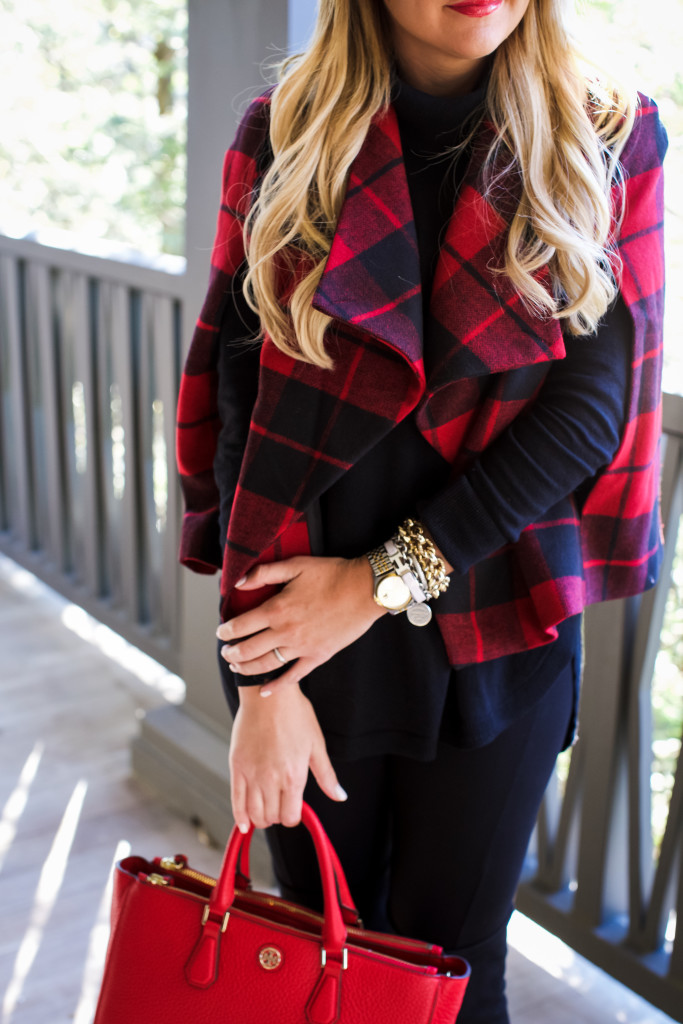 Christmas Outfit Idea Red Buffalo Plaid Jacket Over the Knee Boots_-15