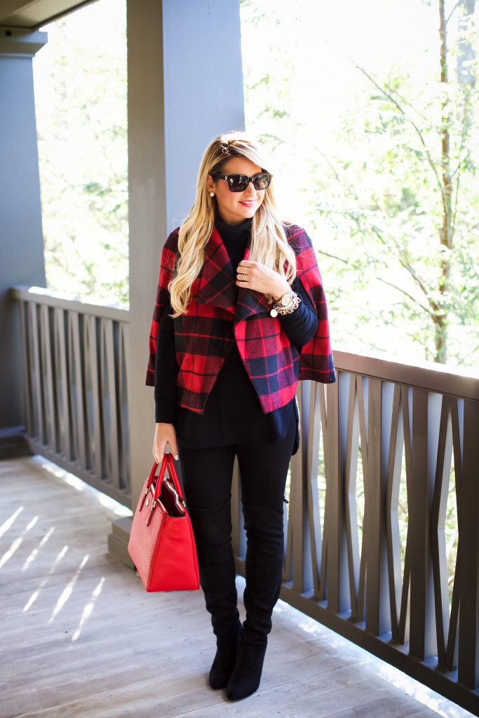 Christmas Outfit Idea Red Buffalo Plaid Jacket Over the Knee Boots_-2