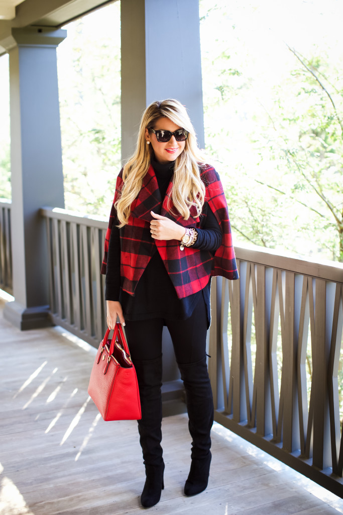 Christmas Outfit Idea Red Buffalo Plaid Jacket Over the Knee Boots_-3