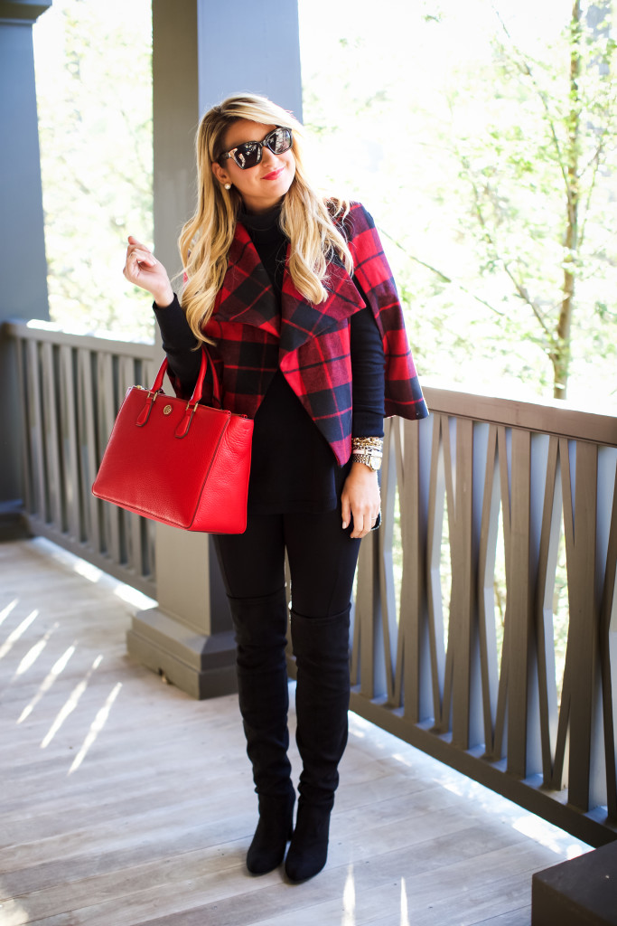 Christmas Outfit Idea Red Buffalo Plaid Jacket Over the Knee Boots_-4