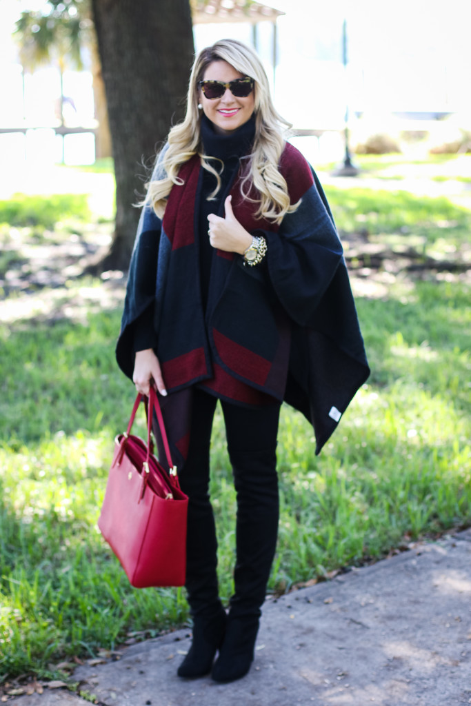 Christmas Outfit Idea Red Buffalo Plaid Jacket Over the Knee Boots_-5