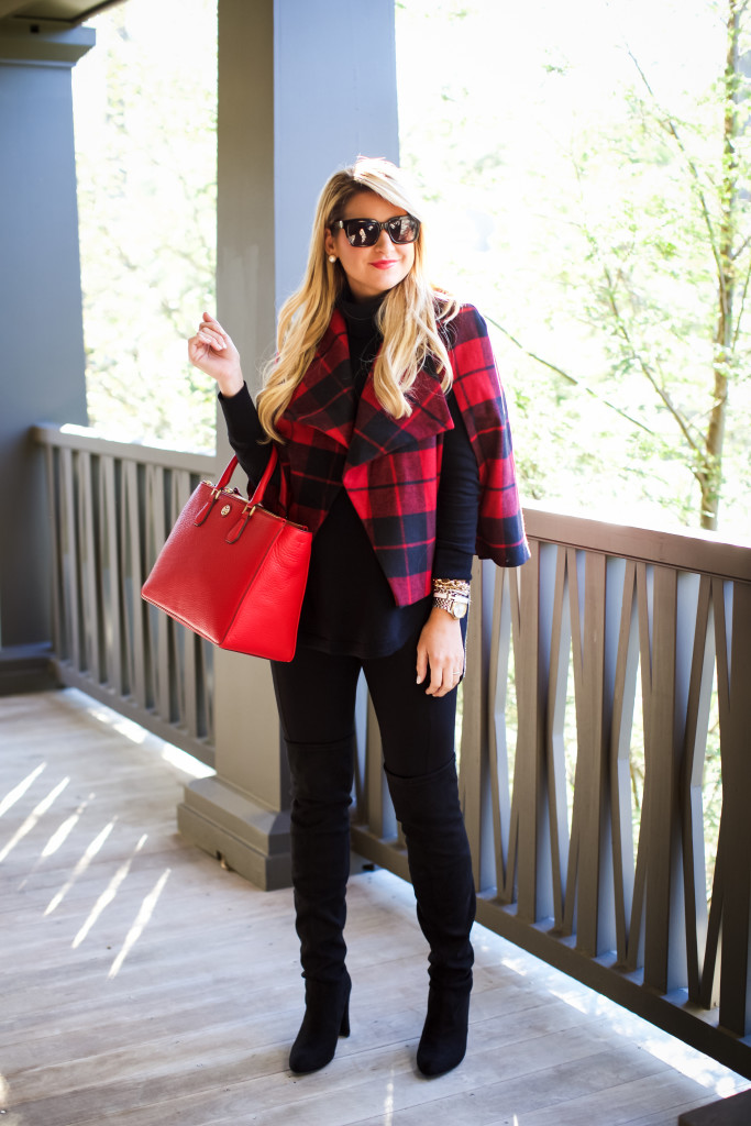 Christmas Outfit Idea Red Buffalo Plaid Jacket Over the Knee Boots_-5