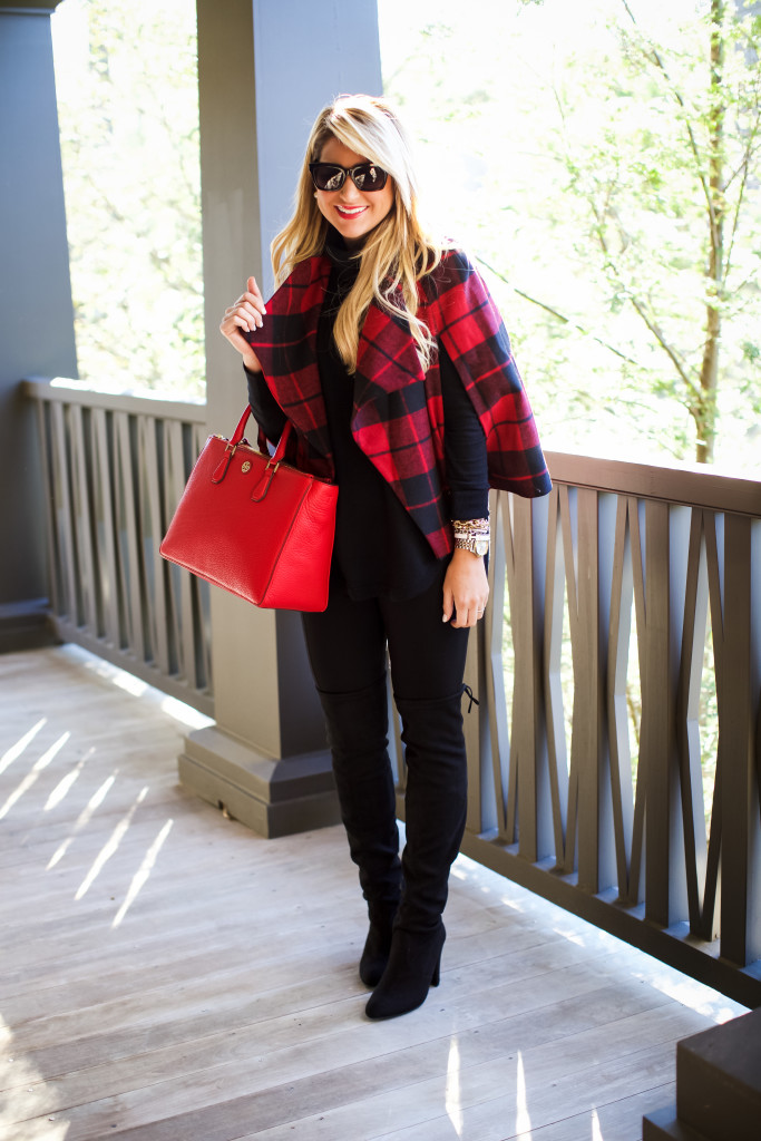 Christmas Outfit Idea Red Buffalo Plaid Jacket Over the Knee Boots_-6