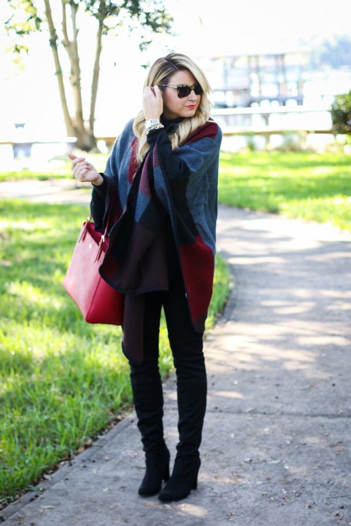 Christmas Outfit Idea Red Buffalo Plaid Jacket Over the Knee Boots_