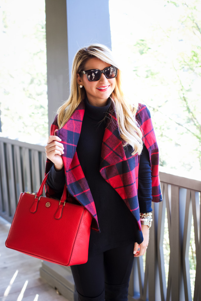 Christmas Outfit Idea Red Buffalo Plaid Jacket Over the Knee Boots_-7