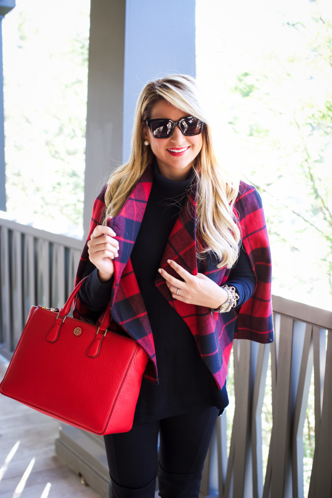 Christmas Outfit Idea Red Buffalo Plaid Jacket Over the Knee Boots_-8