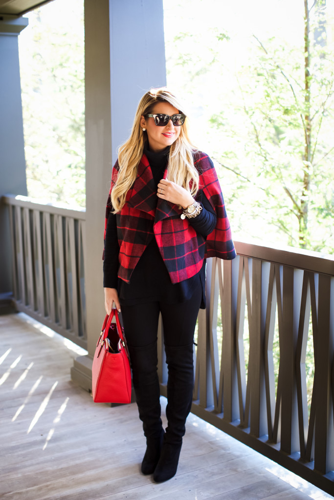 Christmas Outfit Idea Red Buffalo Plaid Jacket Over the Knee Boots_