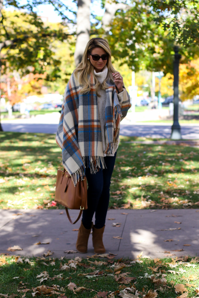Chunky Turtleneck Sweater with Nordstrom Jeans Tory Burch Robinson Handbag and Dolce Vita Booties and ASOS plaid blanket scarf-10