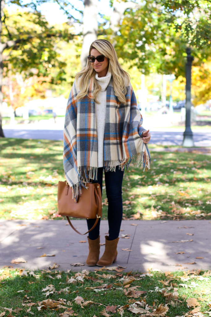 Chunky Turtleneck Sweater with Nordstrom Jeans Tory Burch Robinson Handbag and Dolce Vita Booties and ASOS plaid blanket scarf-11
