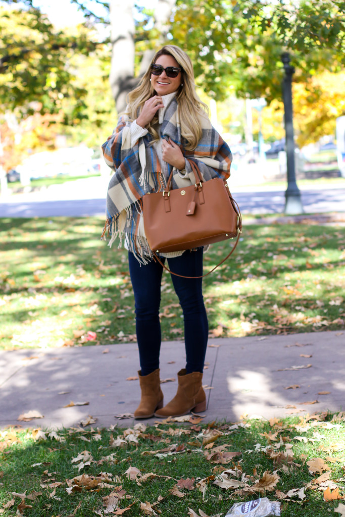 Chunky Turtleneck Sweater with Nordstrom Jeans Tory Burch Robinson Handbag and Dolce Vita Booties and ASOS plaid blanket scarf-12