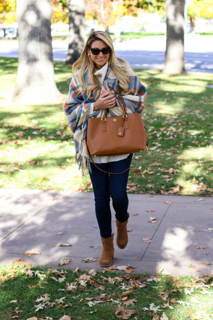 Chunky Turtleneck Sweater with Nordstrom Jeans Tory Burch Robinson Handbag and Dolce Vita Booties and ASOS plaid blanket scarf-14