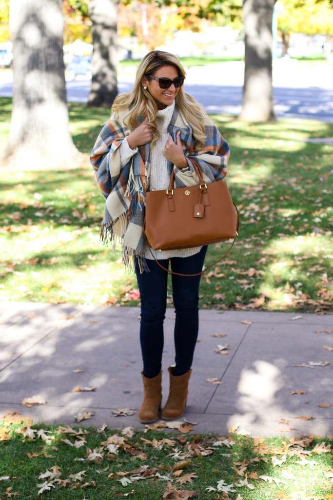 Chunky Turtleneck Sweater with Nordstrom Jeans Tory Burch Robinson Handbag and Dolce Vita Booties and ASOS plaid blanket scarf-16