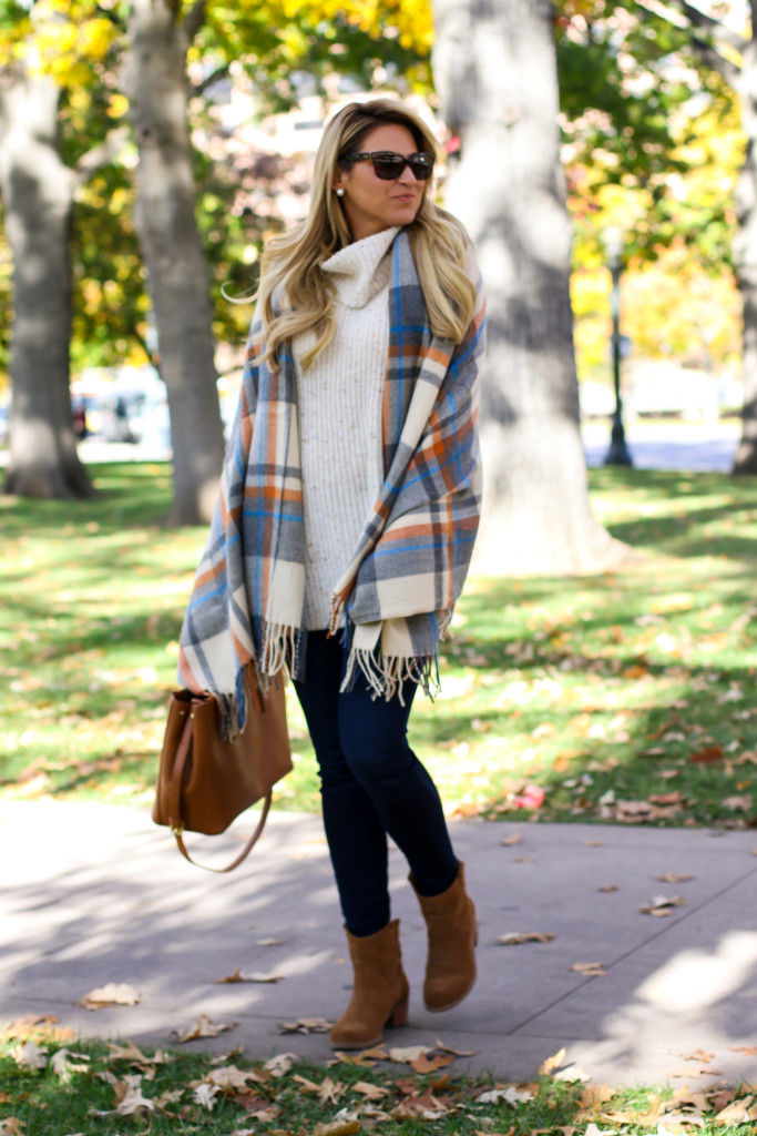 Chunky Turtleneck Sweater with Nordstrom Jeans Tory Burch Robinson Handbag and Dolce Vita Booties and ASOS plaid blanket scarf-17