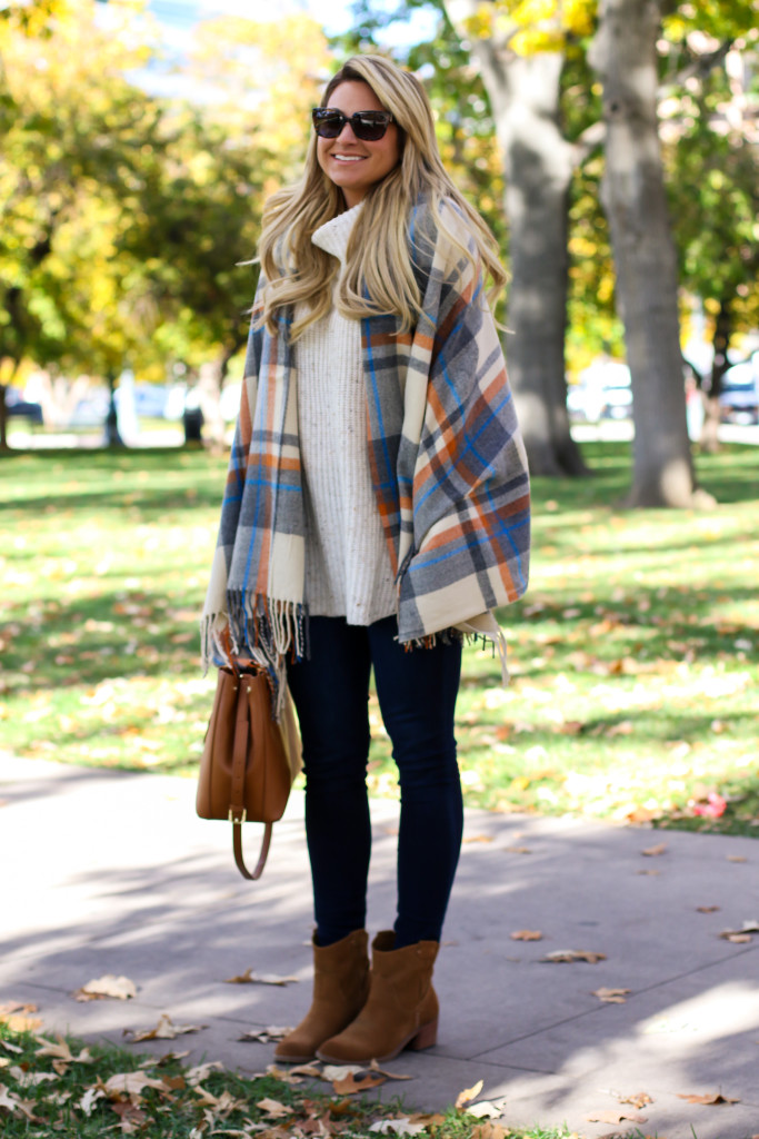 Chunky Turtleneck Sweater with Nordstrom Jeans Tory Burch Robinson Handbag and Dolce Vita Booties and ASOS plaid blanket scarf-18