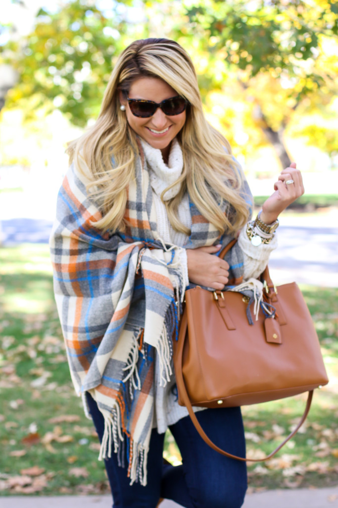 Chunky Turtleneck Sweater with Nordstrom Jeans Tory Burch Robinson Handbag and Dolce Vita Booties and ASOS plaid blanket scarf-22