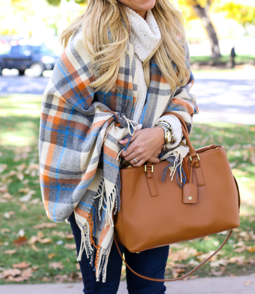 Chunky Turtleneck Sweater with Nordstrom Jeans Tory Burch Robinson Handbag and Dolce Vita Booties and ASOS plaid blanket scarf-23