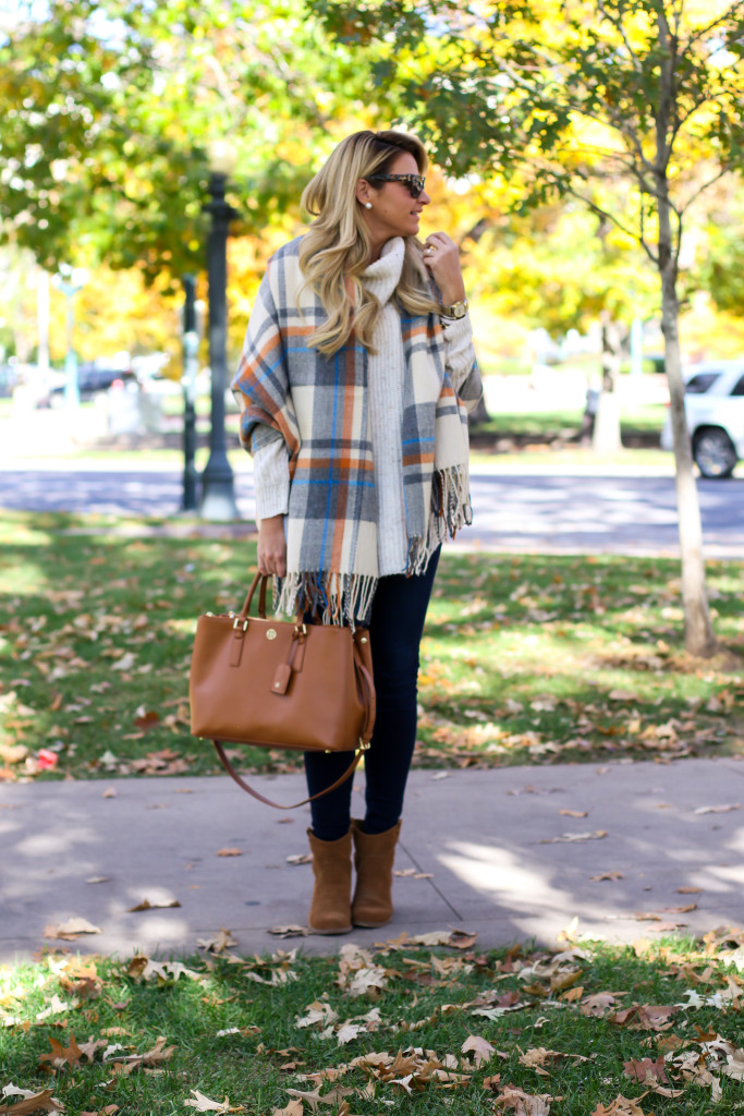 Chunky Turtleneck Sweater with Nordstrom Jeans Tory Burch Robinson Handbag and Dolce Vita Booties and ASOS plaid blanket scarf-7