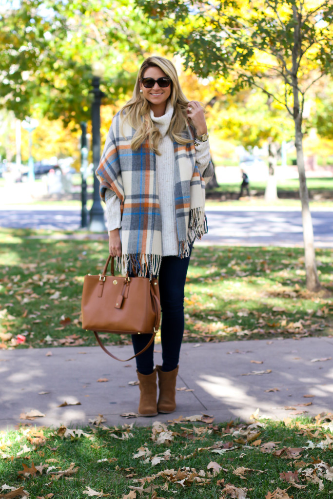 Chunky Turtleneck Sweater with Nordstrom Jeans Tory Burch Robinson Handbag and Dolce Vita Booties and ASOS plaid blanket scarf-8