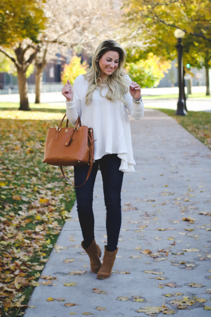 Free People Swing Sweater with Nordstrom Jeans Tory Burch Robinson Handbag and Dolce Vita Booties