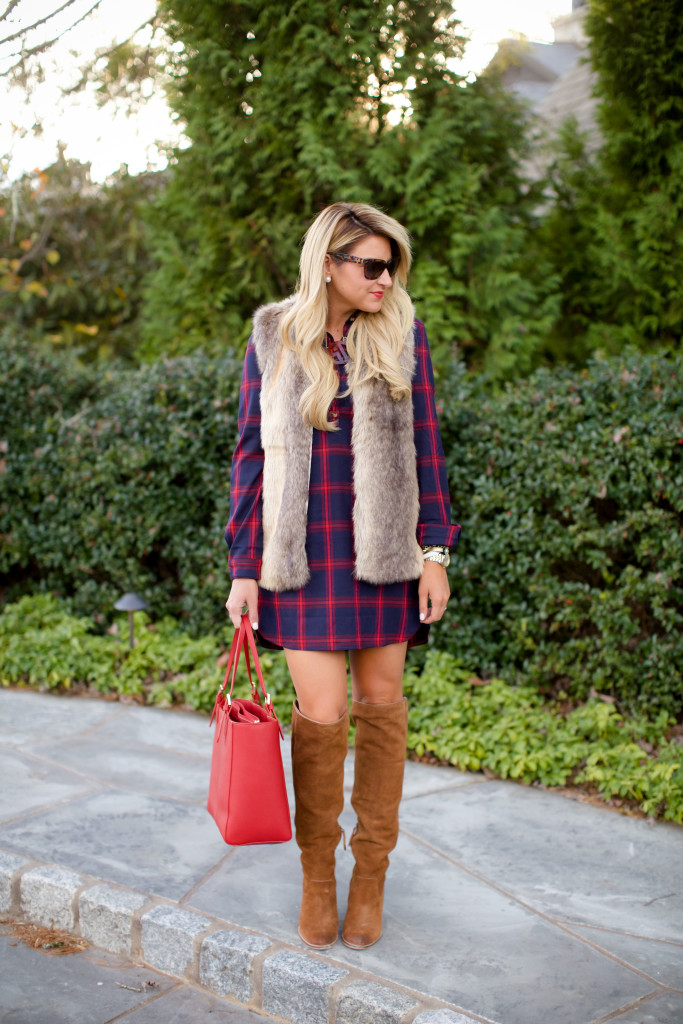 Tobi Plaid Check Dress with Tobi Fur Vest and OTK Boots Tory Burch Bag-3