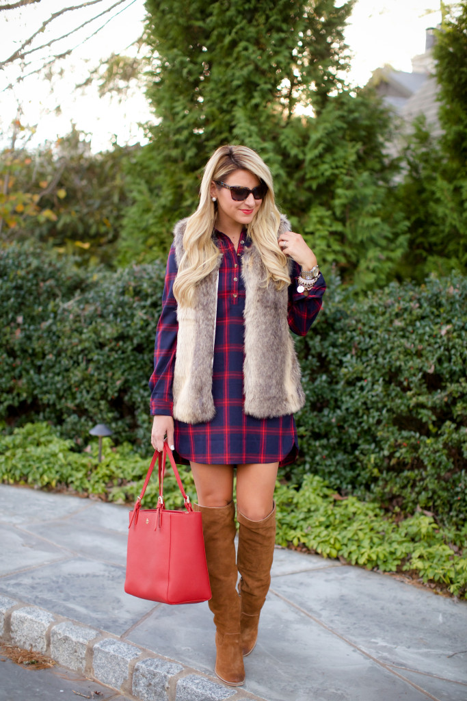 Tobi Plaid Check Dress with Tobi Fur Vest and OTK Boots Tory Burch Bag-6