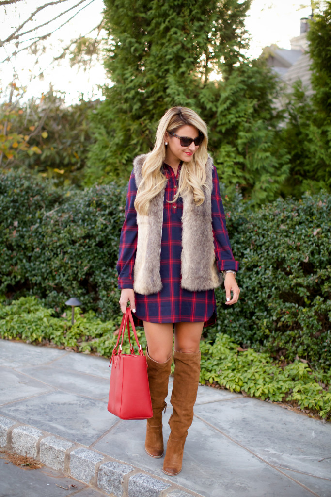 Tobi Plaid Check Dress with Tobi Fur Vest and OTK Boots Tory Burch Bag-8