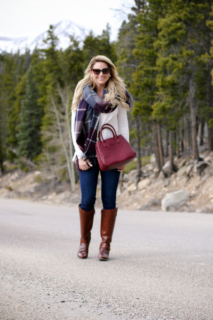 tory burch marion red agate handbag with the perfect plaid scarf nordstrom prada sunglasses with dolce vita grayed boots_-9